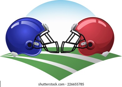 Football helmets on a green field