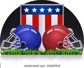 Football helmets on a green field