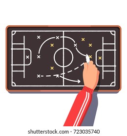 Football Or Hockey Coach Is Planning An Upcoming Game Drawing On Chalk Board Playbook. Tactics, Strategy Planning, Coaching. Flat Style Vector Illustration Isolated On White Background.