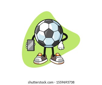 Football hold smartphone cartoon. Mascot Character vector.
