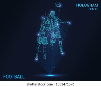 Football hologram. Digital and technological background of football. Football players are fighting for the ball