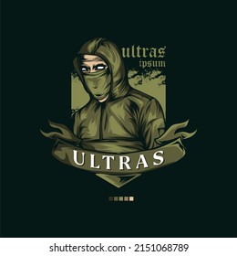 Football hooligan. Soccer supporter of ultras with hand draw , Hooligan vector illustration, Holigans mascot logo esport design