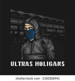 Football hooligan. Soccer supporter of ultras with hand draw , Hooligan vector illustration, Holigans mascot logo esport design