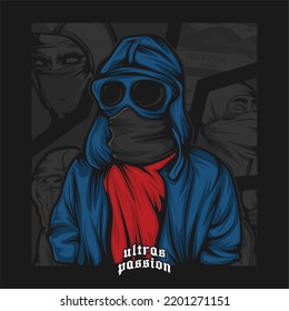 Football hooligan. Soccer supporter of ultras with hand draw   Hooligan vector illustration  Holigans mascot logo esport design