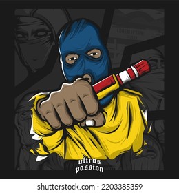 Football hooligan. Soccer supporter of ultras with hand draw   Hooligan vector illustration  Holigans mascot logo esport design