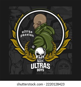 Football hooligan. Soccer supporter of ultras with hand draw   Hooligan vector illustration  Holigans mascot logo esport design