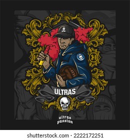 Football hooligan. Soccer supporter of ultras with hand draw   Hooligan vector illustration  Holigans mascot logo esport design