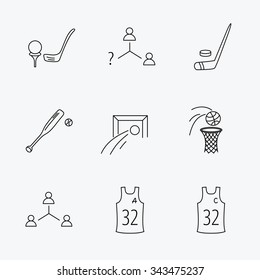Football, ice hockey and baseball icons. Basketball, team assistant and captain linear signs. Teamwork, vacancy and golf icons. Linear black icons on white background.