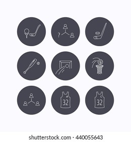 Football, ice hockey and baseball icons. Basketball, team assistant and captain linear signs. Teamwork, vacancy and golf icons. Flat icons in circle buttons on white background. Vector