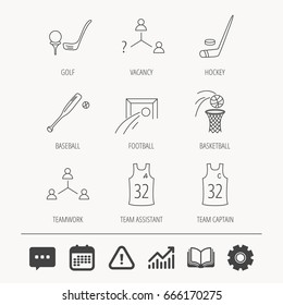 Football, ice hockey and baseball icons. Basketball, team assistant and captain linear signs. Teamwork, vacancy and golf icons. Education book, Graph chart and Chat signs. Vector