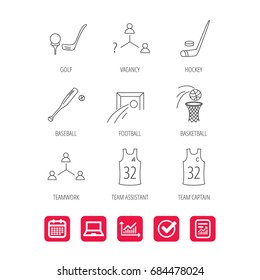 Football, ice hockey and baseball icons. Basketball, team assistant and captain linear signs. Teamwork, vacancy and golf icons. Report document, Graph chart and Calendar signs. Vector
