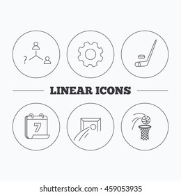 Football, ice hockey and basketball icons. Vacancy linear sign. Flat cogwheel and calendar symbols. Linear icons in circle buttons. Vector