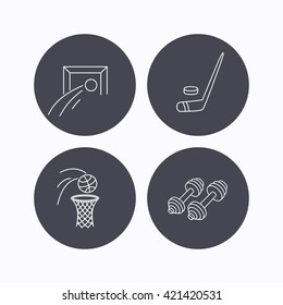 Football, ice hockey and fitness sport icons. Basketball linear sign. Flat icons in circle buttons on white background. Vector