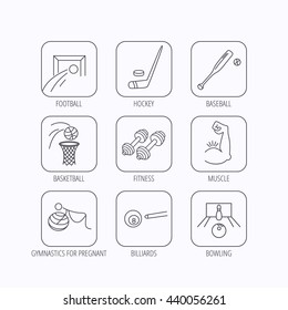 Football, ice hockey and fitness sport icons. Basketball, muscle and bowling linear signs. Billiards and gymnastics for pregnant icons. Flat linear icons in squares on white background. Vector