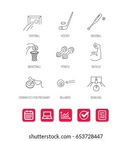 Football, ice hockey and fitness sport icons. Basketball, muscle and bowling linear signs. Billiards and gymnastics for pregnant icons. Report document, Graph chart and Calendar signs. Vector
