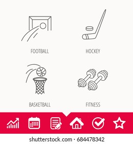 Football, Ice Hockey And Fitness Sport Icons. Basketball Linear Sign. Edit Document, Calendar And Graph Chart Signs. Star, Check And House Web Icons. Vector