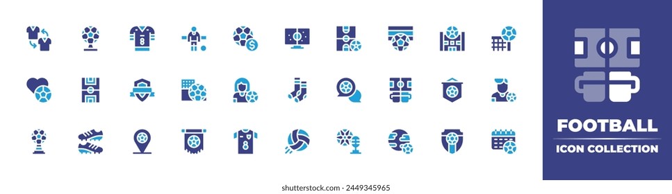 Football icon collection. Duotone color. Vector illustration. Containing footballboots, gaelicfootball, badge, gambling, soccer, footballplayer, football, schedule, shirt, pennant, television.