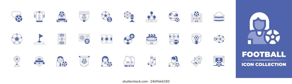 Football icon collection. Duotone style line stroke and bold. Vector illustration. Containing badge, footballclub, ball, corner, football, footballcourt, footballplayer, americanfootball.