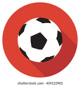Football icon on red background with long shadow, flat vector illustration
