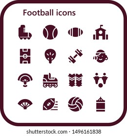 football icon set. 16 filled football icons.  Simple modern icons about  - Roller skate, Ball, Rugby, School, Football field, Fan, Sport, Portuguese, Shin guards, Foosball, Rugby ball