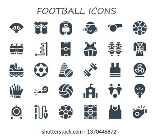 football icon set. 30 filled football icons.  Collection Of - Fan, Shin guards, Boxing helmet, Portuguese, Whistle, Football, Ball, Kendo, Judo, Roller skate, Toys, Sport, Sleeveless