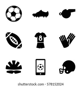 football icon. Set of 9 football filled icons such as gloves, helmet, whistle, soccer trainers