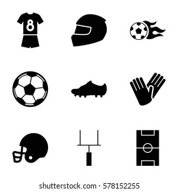 football icon. Set of 9 football filled icons such as gloves, goal post, helmet, soccer trainers