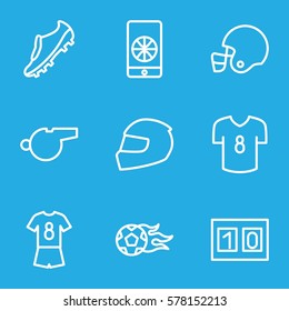 football icon. Set of 9 football outline icons such as sport score, helmet, whistle