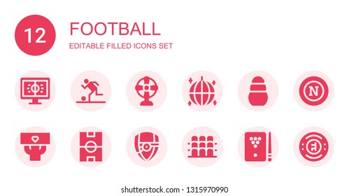 football icon set. Collection of 12 filled football icons included Football, Fan, Ball, Toy, Fans, field, Arsenal, Grandstand, Billiard, Napoli, Chelsea