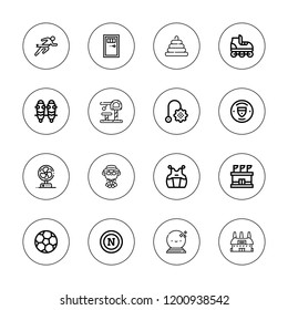Football icon set. collection of 16 outline football icons with ball, competition, fan, kendo, manchester city, napoli, penalty, player, shin guards, stadium, toy icons.