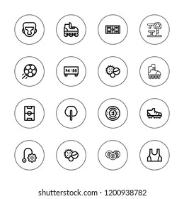 Football icon set. collection of 16 outline football icons with balls, chelsea, billiard, boxing helmet, fan, hockey pitch, scoreboard, sport wear, toy icons.