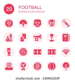 football icon set. Collection of 20 filled football icons included Manchester city, Fan, Boxing helmet, Arsenal, Training whistle, Toy, Red card, Vuvuzela, Punching ball, Billiard