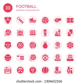 football icon set. Collection of 30 filled football icons included Fans, Training whistle, Football shoes, Volleyball, Whistle, Ball, Grandstand, Referee, Toy, Boxing helmet, Napoli