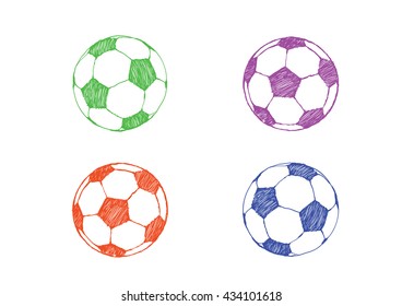 Football icon set in color. Soccer ball hand-drawn in doodles style