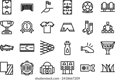 football icon set, contain symbol of score, league, corner, trophy, shirt, goal, net, torunament, etc. with the simplicity outline style.