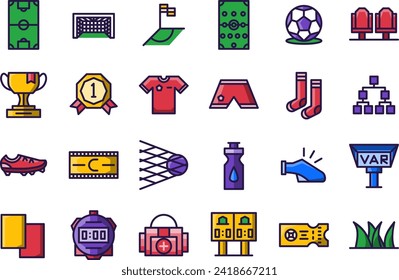 football icon set, contain symbol of score, league, corner, trophy, shirt, goal, net, torunament, etc. with the simplicity outline colored style.