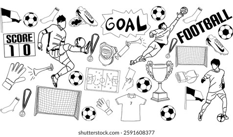 Football icon set doodle on white background, sport outline element, vector illustration