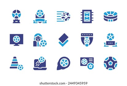 Football icon set. Duotone color. Vector illustration. Containing footballfield, footballclub, broadcast, trophy, card, football, tablefootball, shoot, soccer, goal, footballbadge, footballcard.