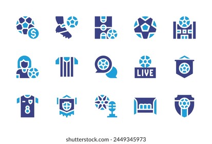 Football icon set. Duotone color. Vector illustration. Containing soccer, gambling, footballball, footballplayer, football, referee, shirt, pennant, footballfield, footballflag, bench.