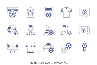 Football icon set. Duotone style line stroke and bold. Vector illustration. Containing training, board, soccercup, soccer, footballplayer, footballshirt, worldcup, ticket, sportbag.