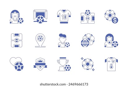 Football icon set. Duotone style line stroke and bold. Vector illustration. Containing footballfield, badge, gambling, footballplayer, cup, football, shirt, footballjersey.