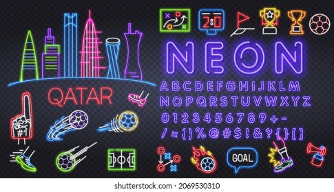 Football icon set isolated. Soccer neon sign. Uniform, Cup, Ball, whistle, soccer ball, football field, score, shoes. Funny vector sport icon. Sport finale or school game. For EK, WK 2022 banner.