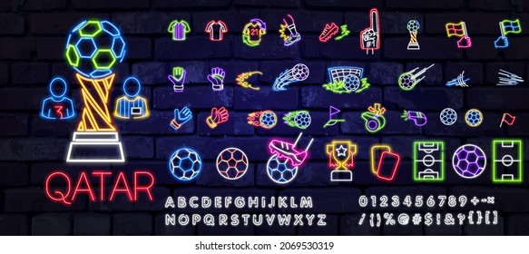 Football icon set isolated. Soccer neon sign. Uniform, Cup, Ball, whistle, soccer ball, football field, score, shoes. Funny vector sport icon. Sport finale or school game. For EK, WK 2022 banner.