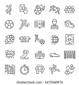 Football, icon set. Soccer. Kicking a ball, team, rule, goal, players, etc linear icons. Line with editable stroke