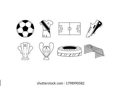 Football icon set. Soccer web signs. Black lne style web icons. Flat vector illustration isolated on white background