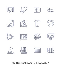 Football icon set. Thin line icon. Editable stroke. Containing soccer, player, sport, tournament, field, corner, football, field, gloves, ticket, goal, gaelic football, sneakers.