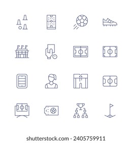 Football icon set. Thin line icon. Editable stroke. Containing soccer, stadium, football, football flag, football field, shorts, yellow card, tournament, soccer player, soccer boots, ticket, soccer.