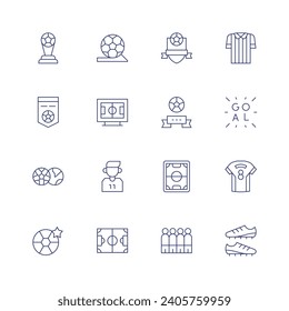 Football icon set. Thin line icon. Editable stroke. Containing trophy, soccer, world, football, player, field, badge, football badge, referee, goal, barrier, jersey, football boots.