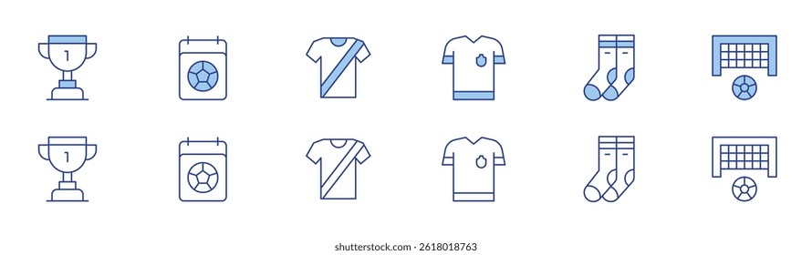 Football icon set in two styles, Duotone and Thin Line style. Editable stroke. trophy, football shirt, calendar, socks, football uniform