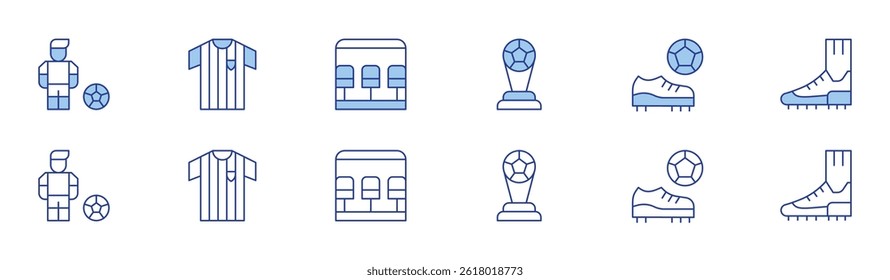 Football icon set in two styles, Duotone and Thin Line style. Editable stroke. soccer, trophy, football shirt, team bench.